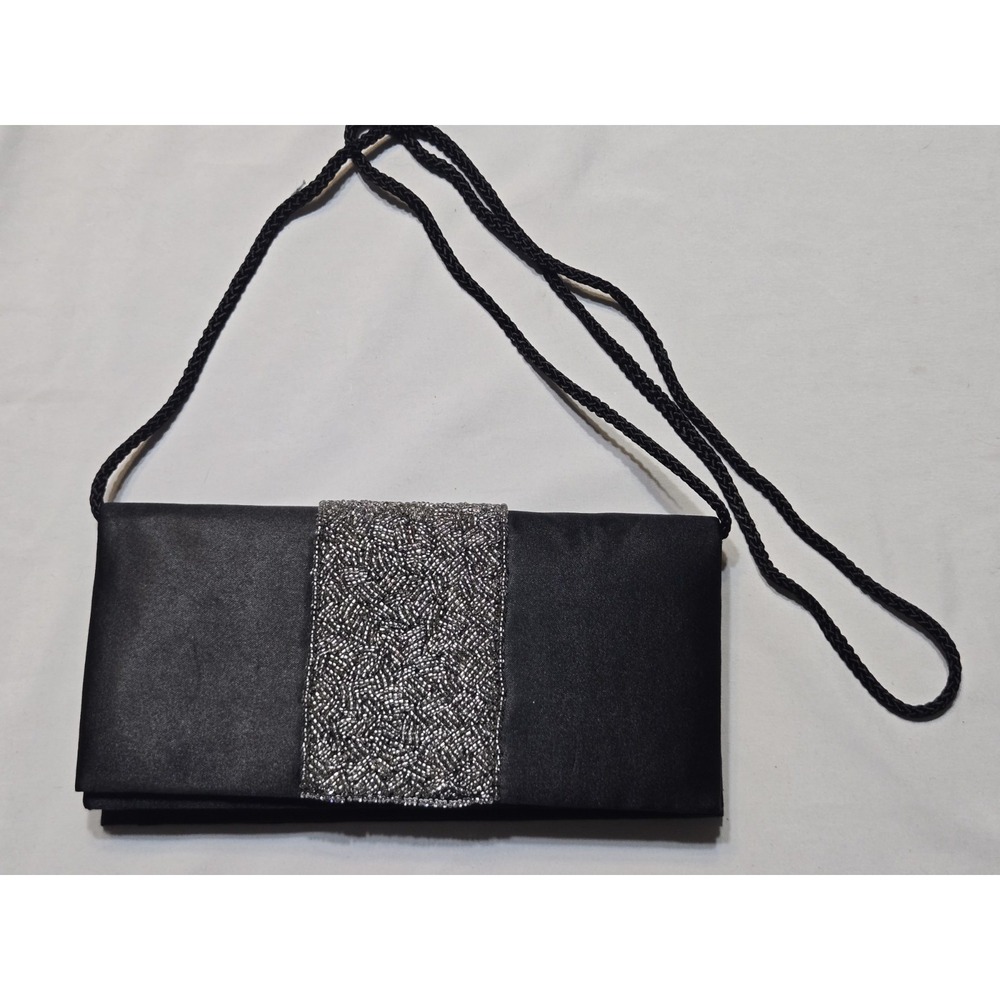 Jessica McClintock Black Satin Silver Beaded Clutch Evening Bag W Optional Strap
